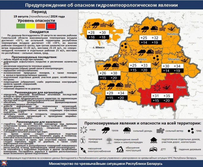 По данным Белгидромета, завтра, 19 августа, на большей части территории Гродненской области ожидаются грозы